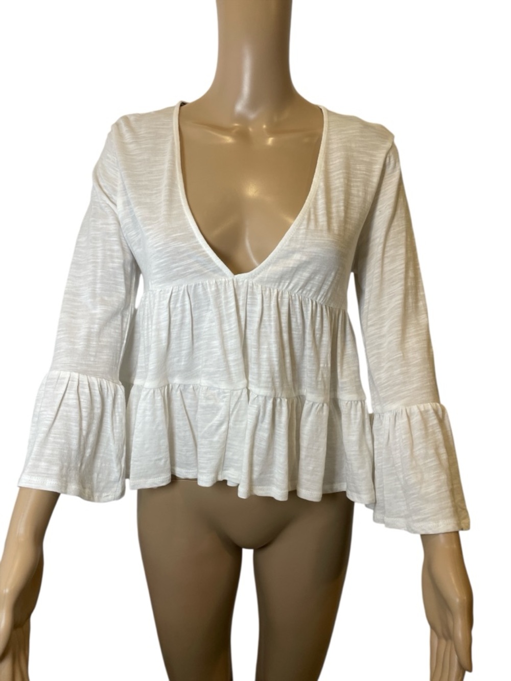Forever 21 White V-Neck Peplum Bell Sleeve Top